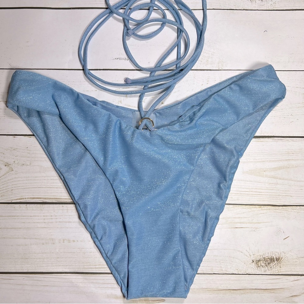 Monica Hansen | Strappy Waist Criss Cross Bikini Bottom Shimmery Blue Lurex | XS - Picture 4 of 10